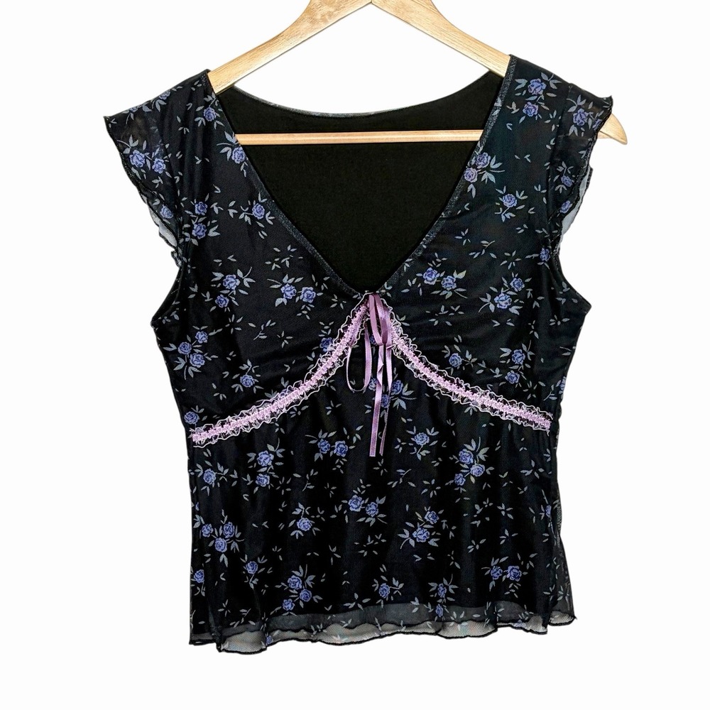 Y2K Floral Mesh Babydoll Top Womens Size M Whimsigoth Fairy Bow Coquette Romwe